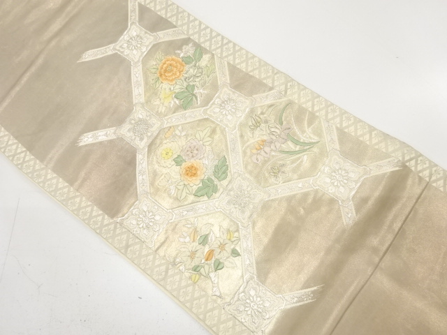 JAPANESE KIMONO / ANTIQUE FUKURO OBI / SILK / EMBROIDERY / FLORAL PLANTS